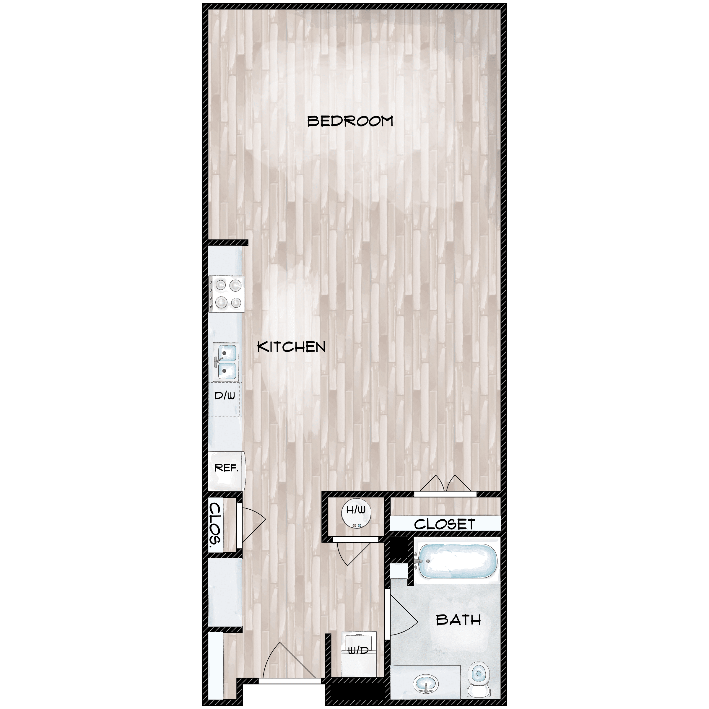 Floor plan for studio, 1 bath, 724 sqft